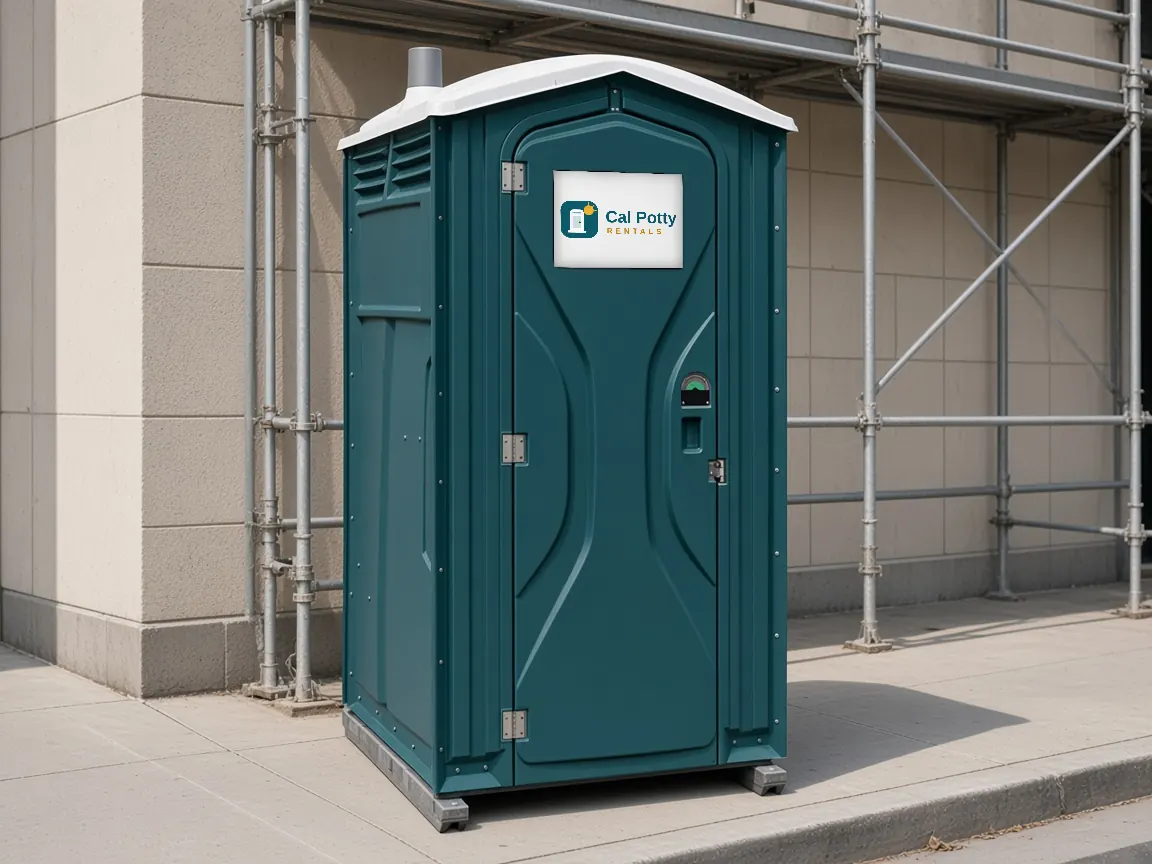 A teal porta potty beside a stucco building with scaffolding, an example setup for porta potty rental in Campbell