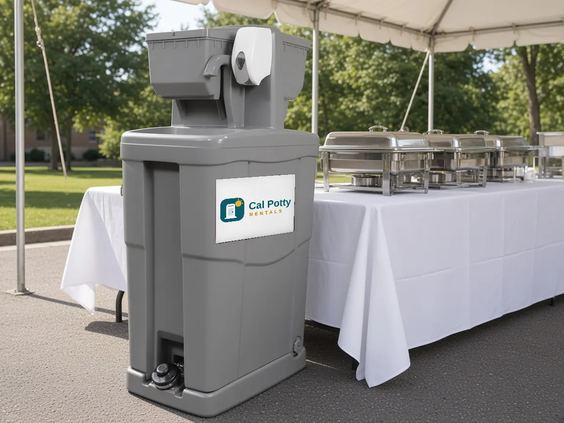 A grey handwashing station beside a catering table with chafing dishes under a canopy