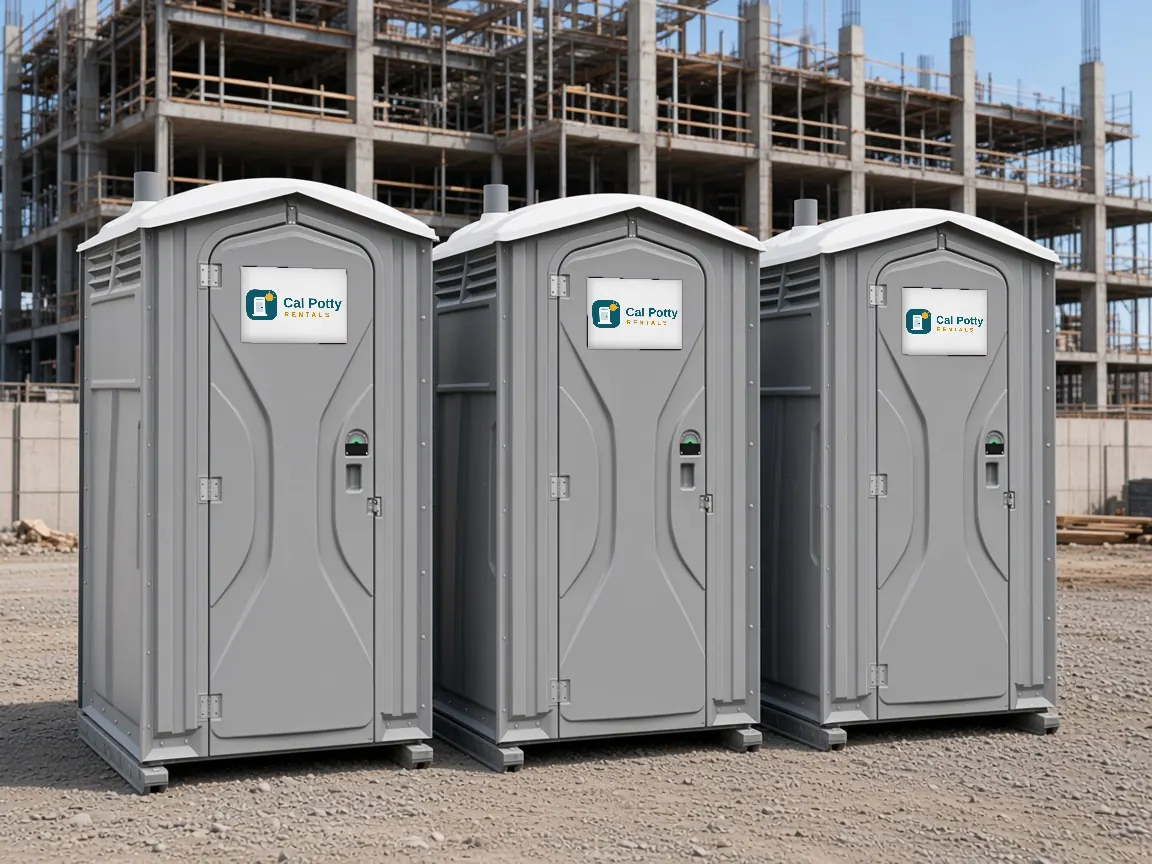 Three grey porta potties at a high-rise construction site, an example setup for porta potty rental in Santa Clara