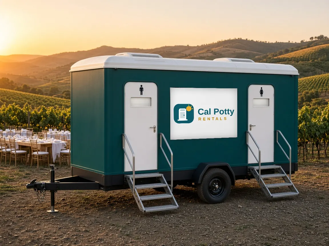 A teal restroom trailer at golden hour in a vineyard with a dining table set up behind
