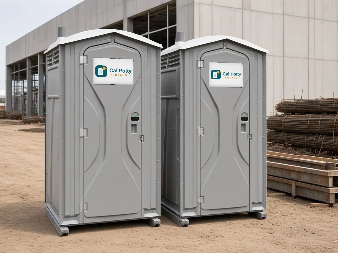 Two grey porta potties on a dirt lot beside a commercial building and stacks of rebar